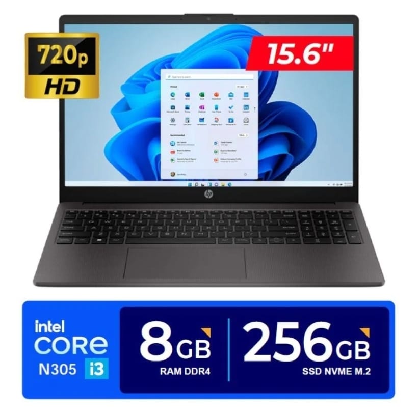 Hp 250 G10, Core I3-N305 1.80 - 3.80GHz, 8GB DDR4, 256GB NVMe, 15.6 HD (1366x768), WiFi, Webcam, Bluetooth, FreeDOS, Gris Oscuro, Teclado Español